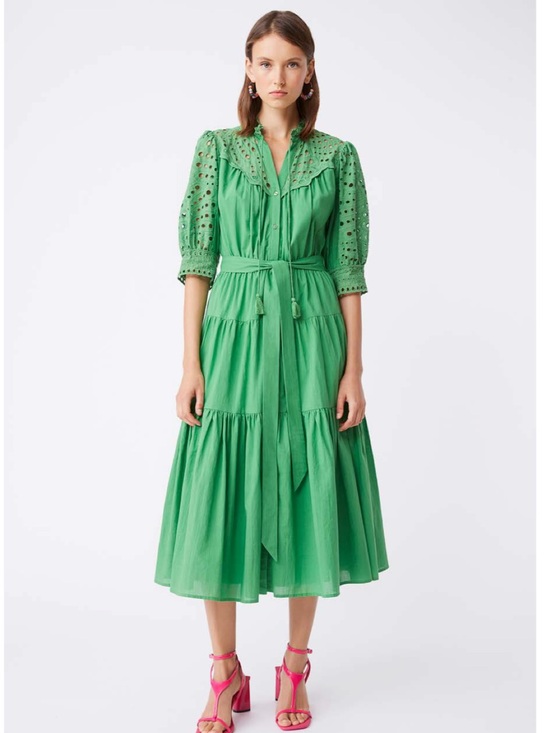 SUNCOO Dresses & Skirts - Summer Green Eyelet Tie-Waist Midi Dress